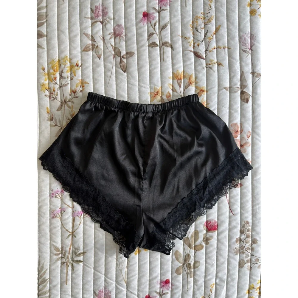Silky Satin Lace Trim Tap Shorts Coquette‎ Dollette Sleep Womens Black XS